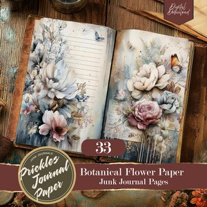 Könnte beinhalten: Ein aufgeschlagenes Journal mit zwei Seiten, die botanische Illustrationen von großen weißen, rosa und blauen Blumen, zarten Schmetterlingen und schwacher Schrift zeigen. Die linke Seite enthält horizontale Linien zum Schreiben.