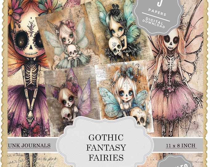 Featured listing image: Scrapbook "fantasy fairies" printable scrapbooking papers, scrapbook, kit, junk journal, digital paper, ephemera, dia de los muertos, gothic