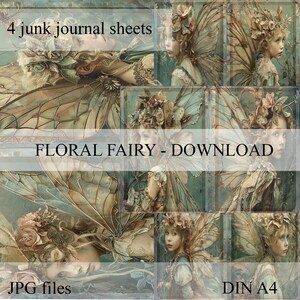 Bundle 4 sheets fantasy fairy, baroque, floral, collage, junk journal, scrapbooking, printable paper, wallart, flower - digital download