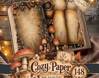 May include: A digital download featuring an open journal with lined parchment pages, decorated with illustrations of mushrooms, berries, and foliage. The text reads Cozy Paper 148 Junk Journal Paper and Prickles Journal Paper, with a coffee mug.