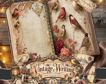 May include: An open book with lined pages featuring illustrations of various birds, red roses, and script text. A decorative label at the bottom displays the text Vintage Writing Junk Journal Paper 45, with a lantern and quill pen.