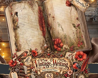 May include: A digital download junk journal paper set featuring an open book with lined pages, a red feather quill, and botanical illustrations of birds and poppies. The design includes a decorative label with the text Vintage Writing Junk Journal Paper 43.