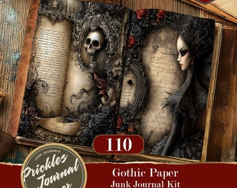 May include: An open book featuring aged parchment pages with dark illustrations. The left page displays a skull within an ornate frame and script text. The right page shows a profile of a person in black attire surrounded by red and black roses.