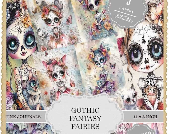 Featured listing image: Scrapbook "fantasy fairies" printable papers, scrapbook, scrapbooking kit, junk journal, digital paper, ephemera, dia de los muertos, gothic
