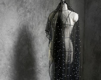 Tul novia negro, tul de alusión de novia con perlas, tela de vestido de novia para el corte de la boda a medida