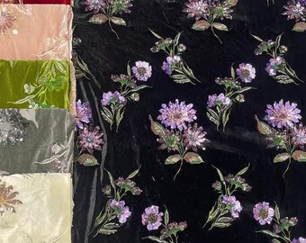 Flower Embroidery Velvet Fabric By The Yard