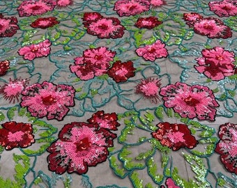 Tela de encaje de flores de lentejuelas, tela de encaje bordado, cortada a medida
