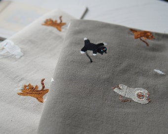 Cat Embroidery Cotton Linen Fabric ,Cotton Linen Embroidered Fabric For Dress,Clothing By The Yard