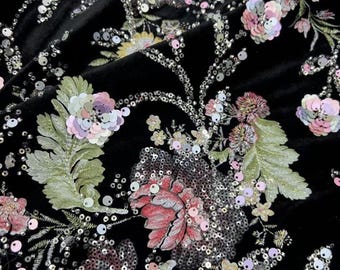 Flower Beads Sequins Embroidery Velvet Fabric By The Yard