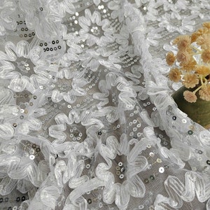 3D Floral Sequins Embroidery Mesh Lace Fabric,Floral Wedding Dress By The Yard