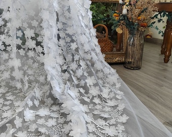 High Quality 3D Flower Embroidery Mesh Tulle Lace Fabric,Bridal Ivory Embroidery Lace,Chantille French Floral Wedding Dress By The Yard
