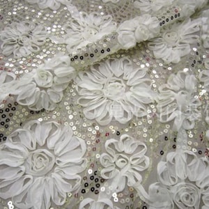 3D Flower Sequins Lace Fabric,Bridal French Lace For wedding Dress,Embroidery Sequins floral Lace By The Yard