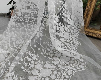 High Quality 3D Flower Embroidery Mesh Tulle Lace Fabric,Bridal Ivory Embroidery Lace,Chantille French Floral Wedding Dress By The Yard