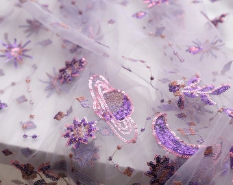 Purple Moon Star Sequins Embroidery Lace Fabric,Bridal Lace Wedding Dress,Kids Dress Fabric By The Yard