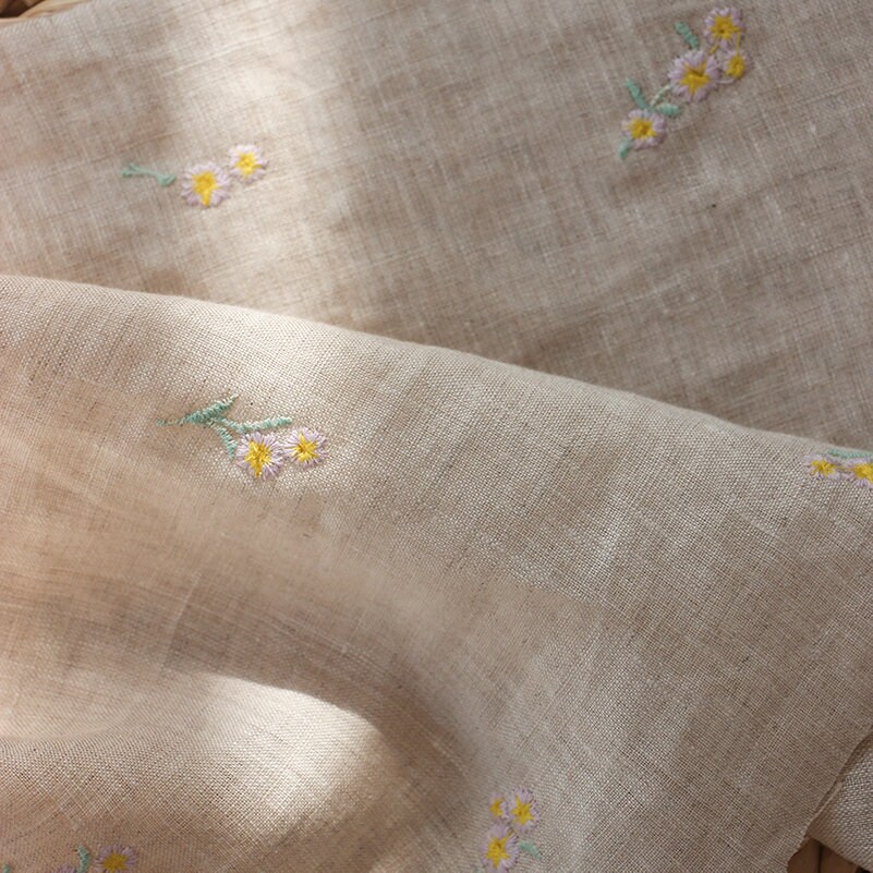 Flower Embroidery Linen Fabric By The Yard Etsy