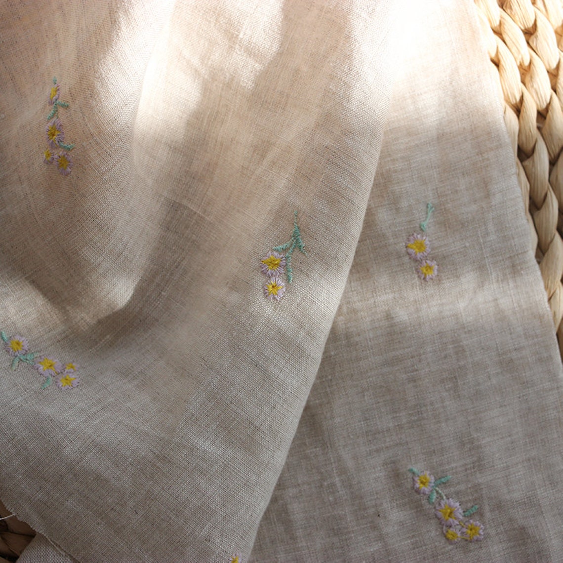 Flower Embroidery Linen Fabric By The Yard Etsy