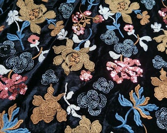 Flower Embroidery Velvet Fabric By The Yard