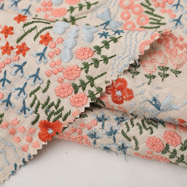 Flower Embroidery Cotton Linen Fabric ,Cotton Linen Embroidered Fabric For Dress,Clothing,National Style Fabric By The Yard image 2