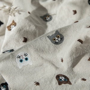 Cat Embroidery Cotton Linen Fabric ,Cotton Linen Embroidered Fabric For Dress,Clothing By The Yard