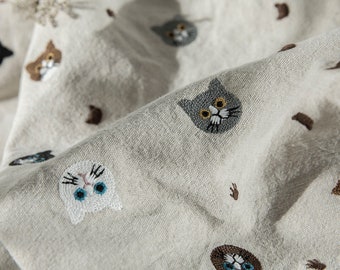 Cat Embroidery Cotton Linen Fabric ,Cotton Linen Embroidered Fabric For Dress,Clothing By The Yard