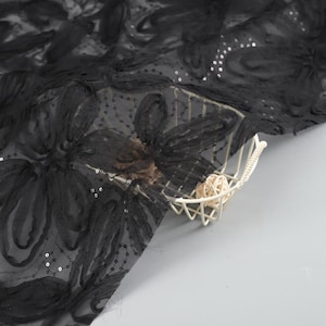 Tela de encaje de gasa con flores 3D, tela de encaje con lentejuelas cortada a medida