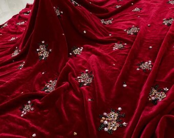 Flower Beads Sequins Embroidery Velvet Fabric By The Yard