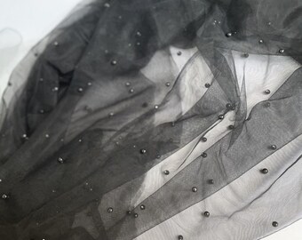 Tul de novia negro, tul de novia con cuentas de perlas, tela para vestido de novia cortada a medida