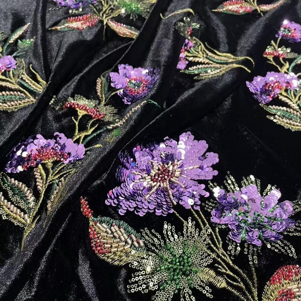 Flower Beads Sequins Embroidery Velvet Fabric by the Yard - Etsy