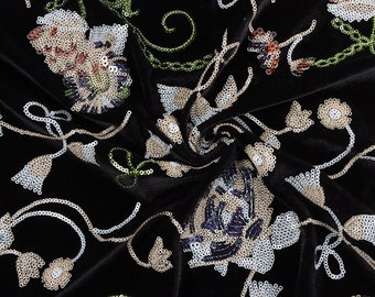 Sequins Flower Embroidery Velvet Fabric By The Yard