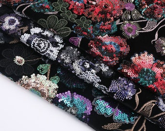 Sequins Flower Embroidery Velvet Fabric By The Yard