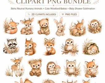 Imágenes prediseñadas PNG de animales de guardería estilo boho, paquete de animales bebés del bosque, arte neutro para baby shower, sublimación de lindos bebés del bosque, conjunto digital