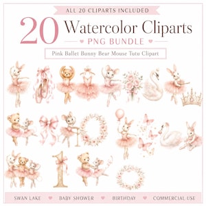 Pode incluir: Uma coleção digital de 20 imagens clipart em aquarela apresentando coelhos, ursos e ratos vestindo tutus cor-de-rosa, juntamente com sapatilhas de balé, cisnes, guirlandas de flores, borboletas, uma coroa e o número um em tons suaves.