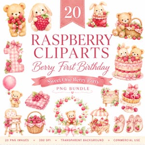 May include: A digital collection of 20 raspberry-themed cliparts featuring teddy bears, bunnies, a birthday cake, a high chair, a basket of berries, a balloon, and a wreath. The text reads RASPBERRY CLIPARTS Berry First Birthday Sweet One Berry Party.