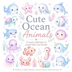 Pode incluir: Uma coleção de ilustrações em aquarela apresentando uma baleia, estrela-do-mar, foca, golfinho, tartaruga, tubarão, peixe, peixe-balão, polvo, peixe-palhaço, cavalo-marinho, narval, água-viva, caranguejo e caracol com o texto Cute Ocean Animals A sweet collection of pastel baby sea friends.