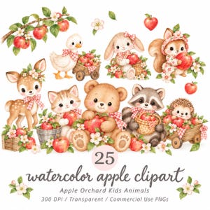 Puede incluir: Una colección de 25 ilustraciones de clipart de manzanas en acuarela con un cervatillo, pato, conejo, ardilla, gatito, oso, mapache y erizo con manzanas rojas, flores y cajas de madera. El texto dice 25 watercolor apple clipart.