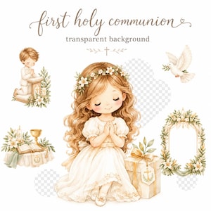May include: A digital illustration set for First Holy Communion featuring a girl with long wavy hair wearing a white dress and floral crown, a boy kneeling in prayer, a white dove, a floral frame, a gift box, and a table with a book and chalice.
