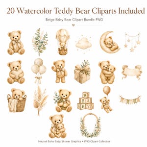 Beige Baby Bear Clipart Bundle PNG, Watercolor Teddy Bear Nursery Clipart, Neutral Boho Baby Shower Graphics, Sublimation, Commercial Use
