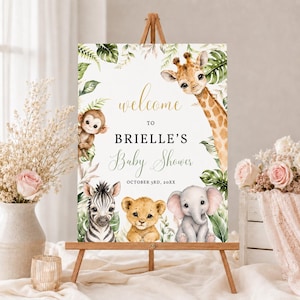 Välkomstskylt för babyshower i safari, skylt med djungeldjur och grönska, redigerbar Canvasmall för vilda djur, könsneutral dekor, BBP622
