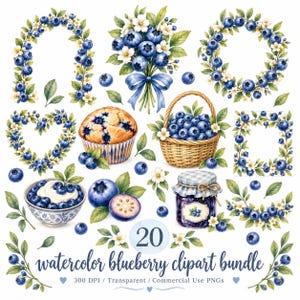 May include: A collection of watercolour blueberry illustrations including a bouquet, wreaths, a muffin, a basket of berries, a bowl of berries with cream, a jar of jam, and individual berries and leaves, with the text 20 watercolour blueberry clipart bundle.