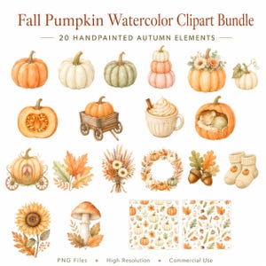 May include: A digital collection of 20 watercolor illustrations titled Fall Pumpkin Watercolor Clipart Bundle, 20 Handpainted Autumn Elements. The set features various pumpkins, a pumpkin carriage, a mug with whipped cream, a wreath, and socks.