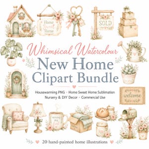 May include: A collection of watercolour illustrations featuring a house, a Home Sweet Home sign, keys, a sold sign, stacked boxes, a plant, a watering can, a door, a succulent, a welcome mat, an armchair, a lamp, a mug, a box, bread, a candle, and a mailbox.