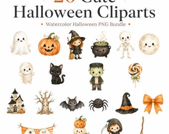 Op de afbeelding: Een digitale collectie van 20 aquarel Halloween-cliparts met een geest, pompoen, heks, ketel, skelet, maan, mummie, zwarte kat, Frankenstein-monster, lolly, spookhuis, boom, vleermuis, spin, hoed, strik, vlaggenlijn en Magere Hein.