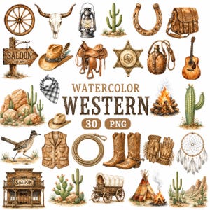 Könnte beinhalten: Eine Sammlung von Aquarell-Illustrationen zum Thema Western, darunter ein Wagenrad, ein Stierschädel, eine Laterne, ein Kaktus, ein Hufeisen, eine Ledertasche, ein Saloon-Schild, ein Cowboyhut, ein Sattel, ein Sheriff-Stern, eine Feldflasche, eine Gitarre, ein Bandana, ein Lagerfeuer, ein Wegekuckuck, eine Weste, ein Seil, Stiefel, Handschuhe, ein Traumfänger und ein Gebäude.