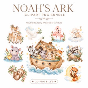 Può includere: Una collezione digitale di illustrazioni ad acquerello intitolata NOAH'S ARK CLIPART PNG BUNDLE. Il set presenta un'arca di legno piena di vari animali, una coppia di cervi, una colomba, fenicotteri, una pecora, un ippopotamo e un procione.