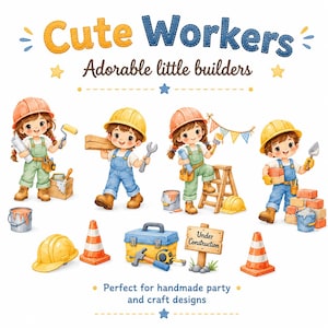 Puede incluir: Un conjunto de ilustraciones digitales con cuatro niños de dibujos animados vestidos como trabajadores de la construcción con cascos, monos y herramientas. Incluye conos de tráfico naranjas, una caja de herramientas azul, un letrero de madera que dice Under Construction y texto.