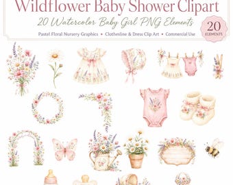 Imágenes prediseñadas de flores silvestres para baby shower, PNG de bebé niña en acuarela, gráficos florales pastel para guardería, imágenes prediseñadas de tendedero y vestido, uso comercial.