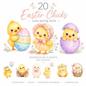 May include: A collection of 20 watercolor Easter chicks clipart images featuring yellow chicks with eggs, floral bonnets, nests, and baskets. The text reads 20 Easter Chicks, cute spring chick, watercolor cliparts, high resolution, 20 PNG images, 300 DPI.