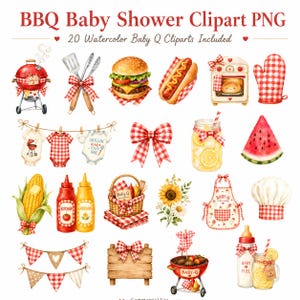 May include: A collection of 20 watercolor BBQ baby shower clipart elements including a red grill, burger, hot dog, oven, oven mitt, baby onesies on a clothesline, red gingham bows, lemonade, watermelon slice, corn, ketchup, mustard, basket, flowers, apron, chef hat, bunting, wooden sign, and baby bottle.
