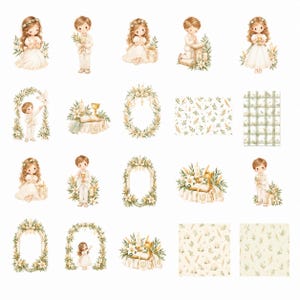 May include: A collection of watercolor illustrations featuring children in white communion attire, floral arches, religious symbols like chalices and bibles, and patterned backgrounds in soft green and cream tones, arranged in a grid format.