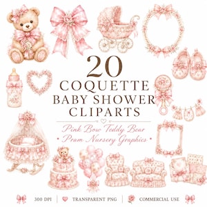 Può includere: Una collezione di 20 illustrazioni digitali con un orsacchiotto, carrozzina, scarpine da neonato, biberon, sonaglio, palloncini, mobili e cornici floreali, decorati con fiocchi rosa e motivi floreali, etichettata 20 COQUETTE BABY SHOWER CLIPARTS.
